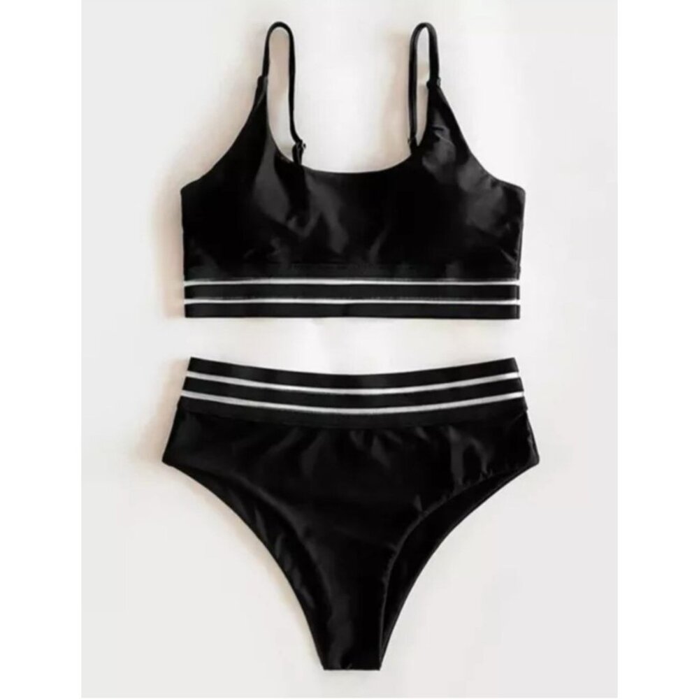 Adisputent Womens High Waisted Bikini Set Sporty Crop Top Black Size XL Beach